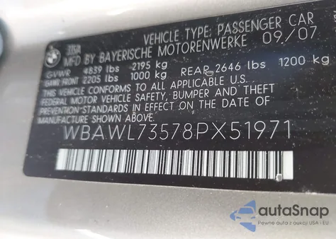 2008 BMW 335I z USA, uszkodzony, nr VIN WBAWL73578PX51971